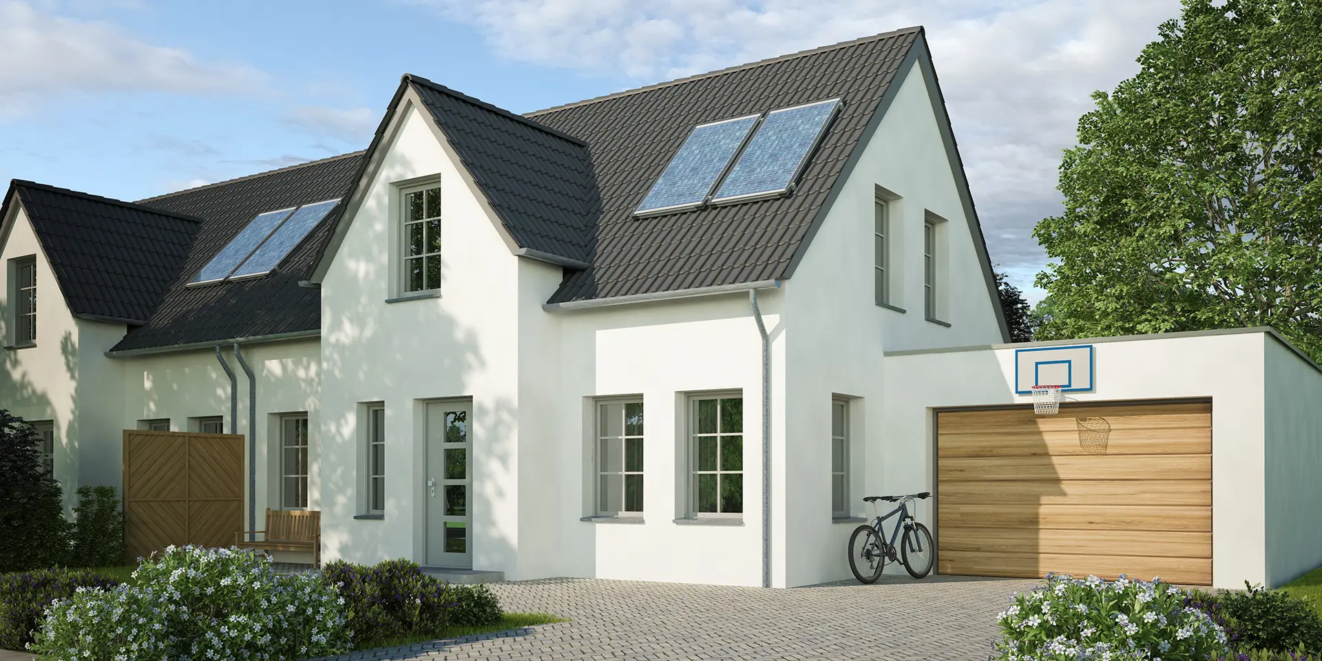 Doppelhaus mit Satteldach im klassischen Stil.