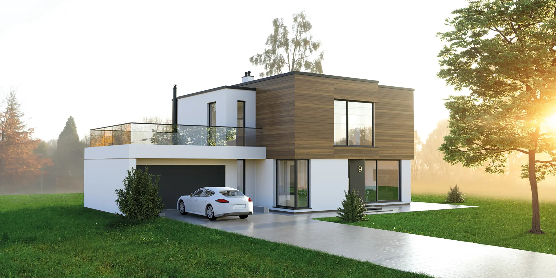 Modernes Einfamilienhaus mit Terrasse, Garage und Garten.