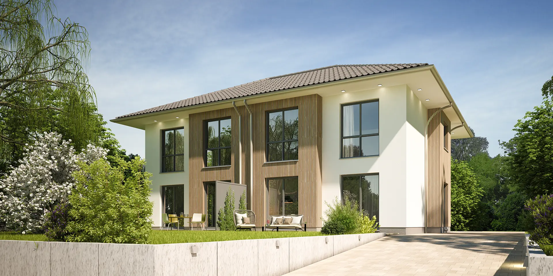 Moderne Stadtvilla mit zwei Etage, großen Fenstern und Walmdach. Garten und Einfahrt.
