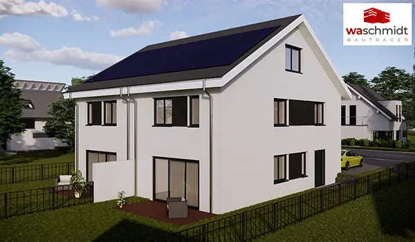 Visualisierung Doppelhaus mit Satteldach, Garten und Terrasse