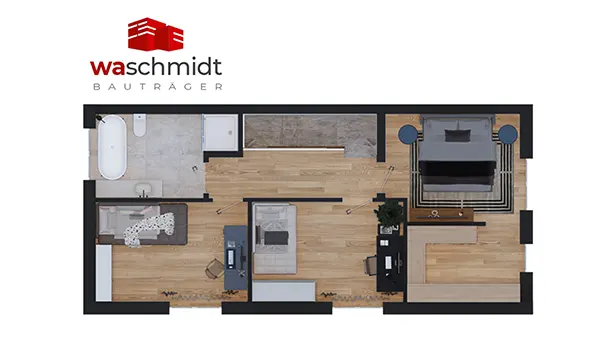Grundriss eines Doppelhauses mit Planung Badezimmer, Schlafzimmer, Arbeitszimmer