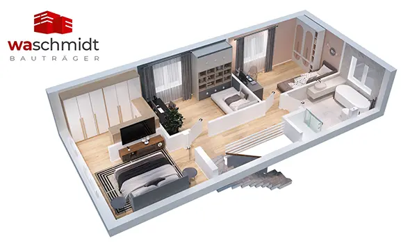 Grundrissplanung eines Doppelhauses in 3D Ansicht mit Schlafzimmer, Badezimmer, Arbeitszimmer