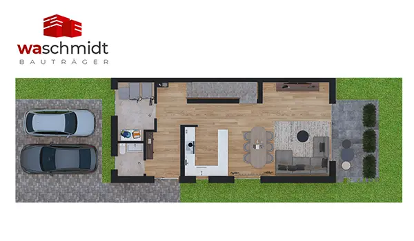 Grundrissplanung Doppelhaus mit offener Küche, Wohnbereich, Gäste WC, Terrasse mit Garten, Einfahrt mit Stellplätzen