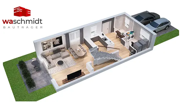 Grundrissplanung Doppelhaus 3D Ansicht, offene Küche, Wohnbereich, Gäste WC, Terrasse mit Garten, Einfahrt mit Stellplätzen