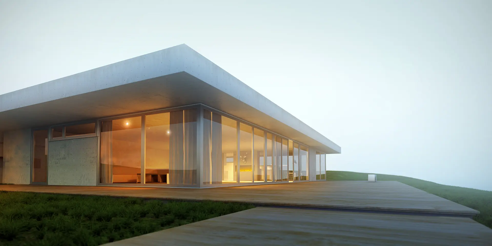 Moderner, lichtdurchfluteter Bungalow mit großen Glasfronten und Flachdach.
