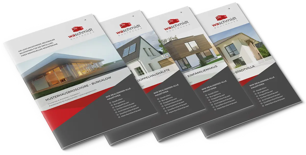 Vier Broschüren von W&A Schmidt zu den Themen Bungalow, Stadtvilla, Einfamilienhaus, Doppelhaus